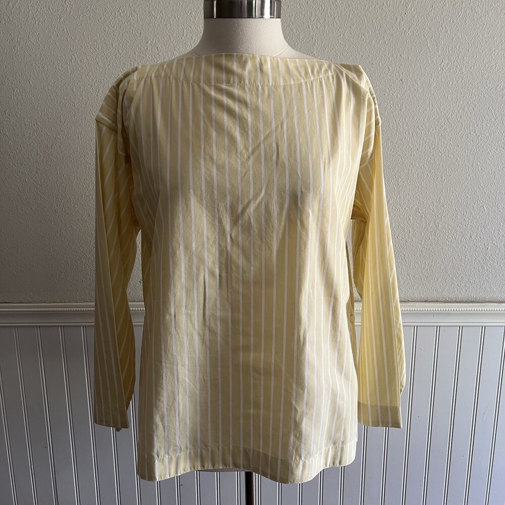J.Crew Boat Neck Boxy Blouse Button Sides 100% Cotton Yellow & White Stripes S